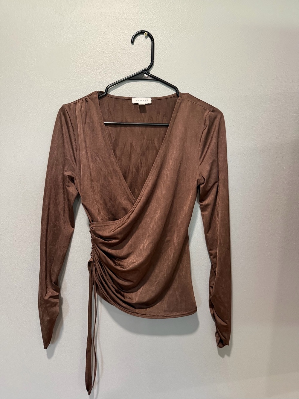 Topshop Brown Draped Long-Sleeve Wrap Top
